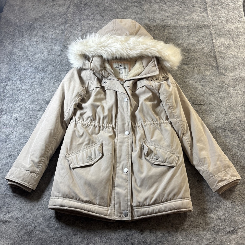 Abercrombie Kids Trench Jacket Taupe Brown Faux Fur Lined Hooded Coat Size 11/12